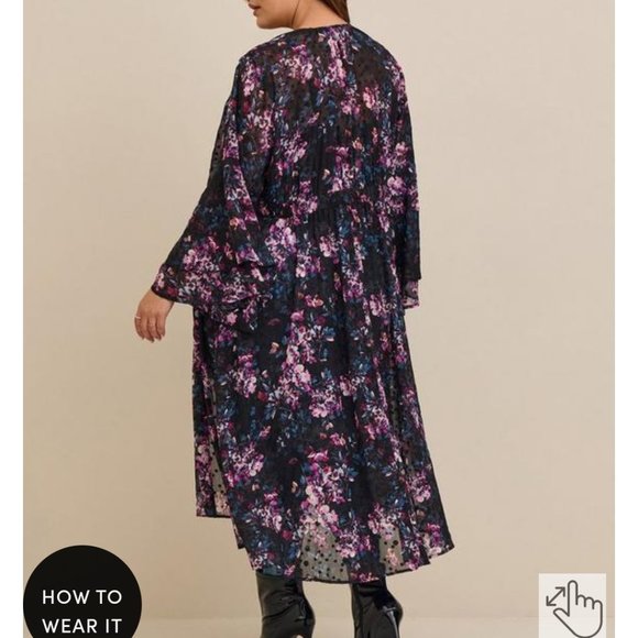 Worn Once--Black Floral Dotted Trench Duster Open-Tunic/Cardigan - Picture 5 of 15